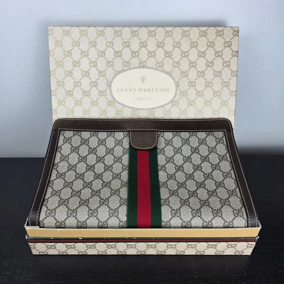 Vintage GUCCI Parfums GG Monogram Large Pouch Clutch Web Stripe NIB Italy 12